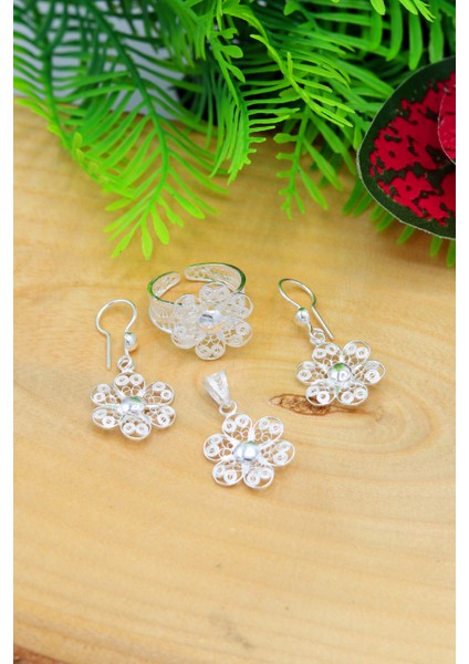 Çiçek Kadın 925 Ayar Gümüş Telkari Üçlü Set 201022181