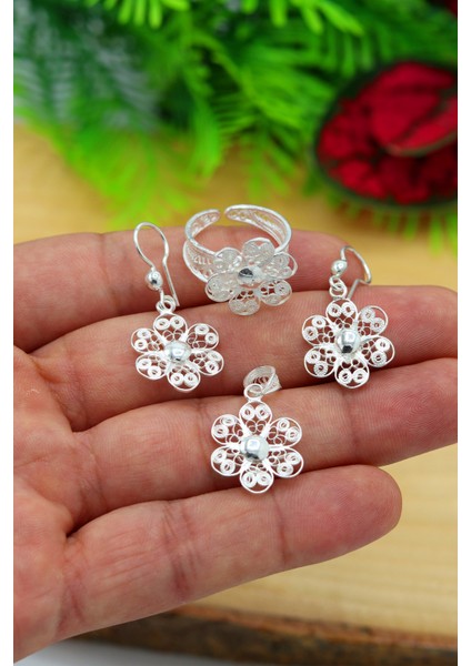 Çiçek Kadın 925 Ayar Gümüş Telkari Üçlü Set 201022181 fiyatları