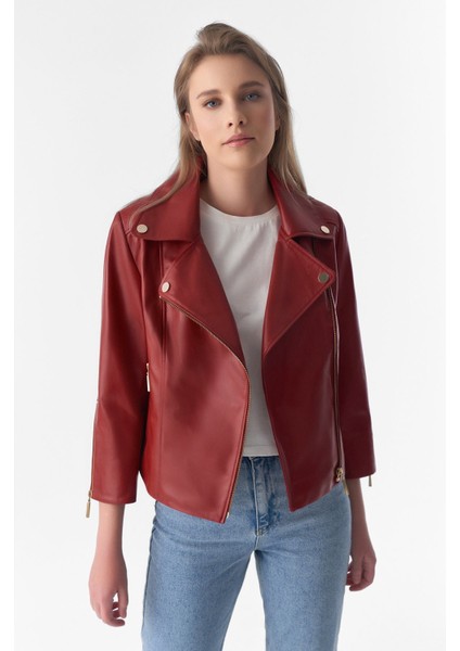 Kadın Bordo Kısa Kollu Biker Ceket