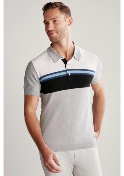 Çizgi Desenli Açık Mavi Triko Polo