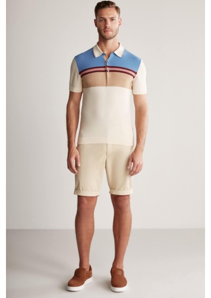 Çizgi Desenli Krem Rengi Triko Polo fırsatları