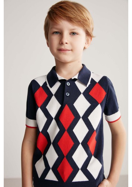 Lacivert Kırmızı Baklava Desen Çocuk Triko Polo
