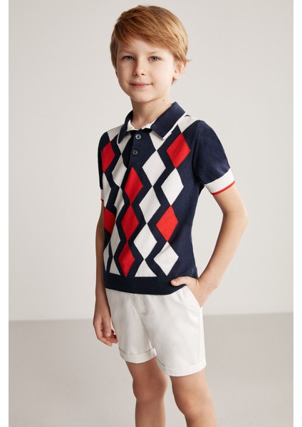 Lacivert Kırmızı Baklava Desen Çocuk Triko Polo modelleri