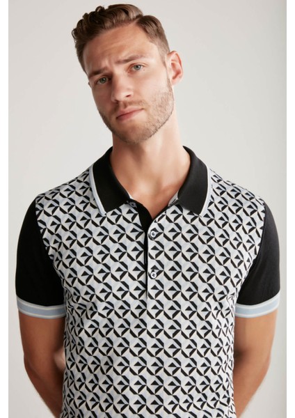 Ipek Pamuk Karışımlı Desenli Siyah Triko Polo
