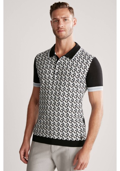 Ipek Pamuk Karışımlı Desenli Siyah Triko Polo fırsatları