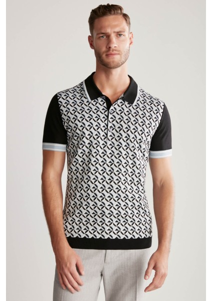 Ipek Pamuk Karışımlı Desenli Siyah Triko Polo indirimleri