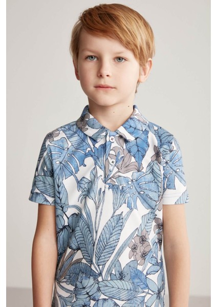 Çiçek Desenli Mavi Polo Yaka Çocuk T-Shirt