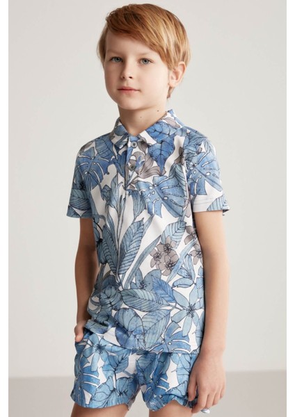 Çiçek Desenli Mavi Polo Yaka Çocuk T-Shirt modelleri
