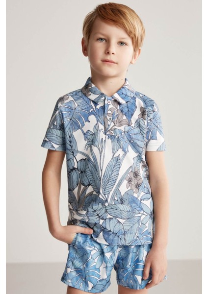 Çiçek Desenli Mavi Polo Yaka Çocuk T-Shirt fırsatları