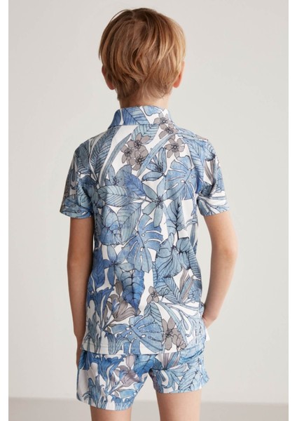 Çiçek Desenli Mavi Polo Yaka Çocuk T-Shirt indirimleri