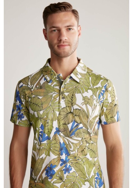 Çiçek Desenli Yeşil Polo Yaka T-Shirt