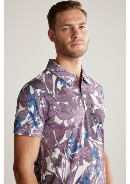 Çiçek Desenli Mor Polo Yaka T-Shirt