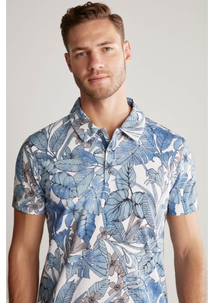 Çiçek Desenli Mavi Polo Yaka T-Shirt