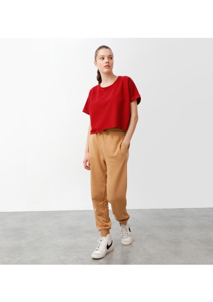 Oversize Crop Kadın T-Shirt Bordo