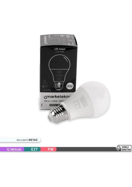 9W LED Ampul 6500K Beyaz Işık A60 E27