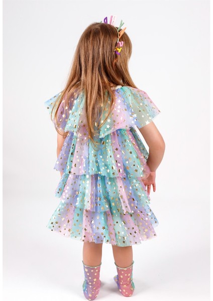 Çok Renkli Yıldız Baskılı Katlı Tül Kız Çocuk Elbise - Estela fiyatları