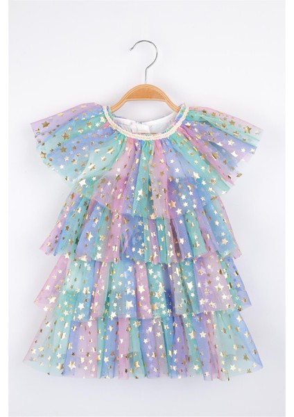 Çok Renkli Yıldız Baskılı Katlı Tül Kız Çocuk Elbise - Estela modelleri