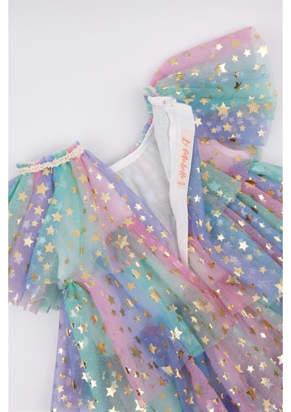 Çok Renkli Yıldız Baskılı Katlı Tül Kız Çocuk Elbise - Estela indirimleri