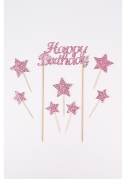 Pembe Happy Birthday Yıldız Pasta Süsü