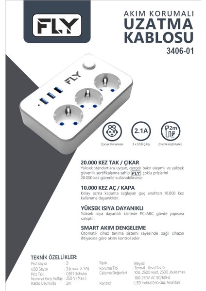 3406-01 3lü Anahtarlı 2.1A 3Usb Şarj Çıkışı 2mt Anahtarlı Akım Korumalı Priz Çocuk Koruması modelleri