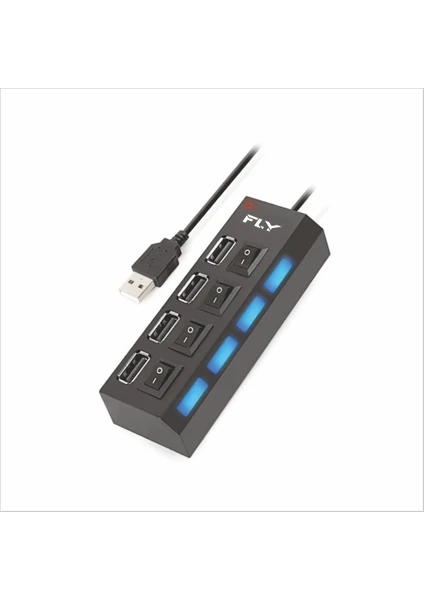 FLY-3407 Anti Statik Güç Soketi, 4 Port USB 2.0 Çoklayıcı Hub Anahtarlı Işıklı (On/off)