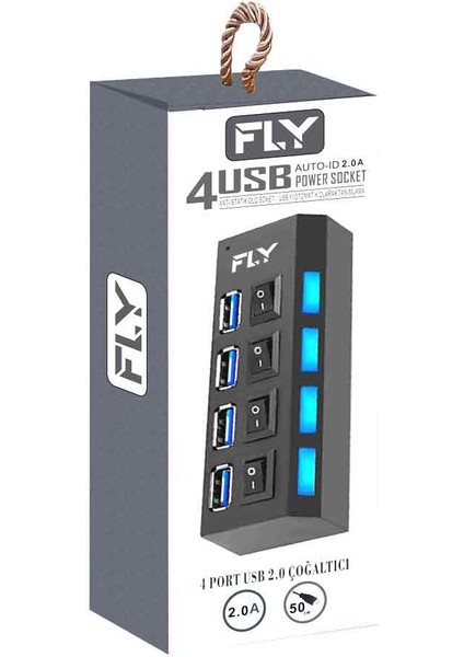 FLY-3407 Anti Statik Güç Soketi, 4 Port USB 2.0 Çoklayıcı Hub Anahtarlı Işıklı (On/off)