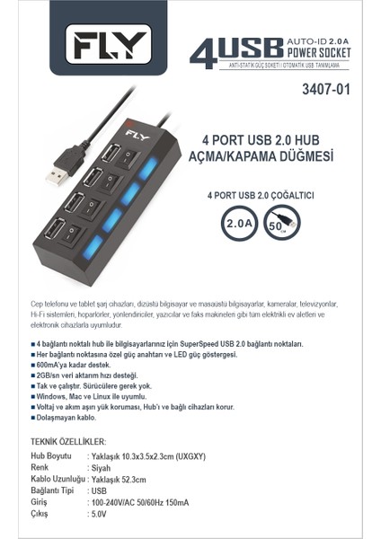 FLY-3407 Anti Statik Güç Soketi, 4 Port USB 2.0 Çoklayıcı Hub Anahtarlı Işıklı (On/off)