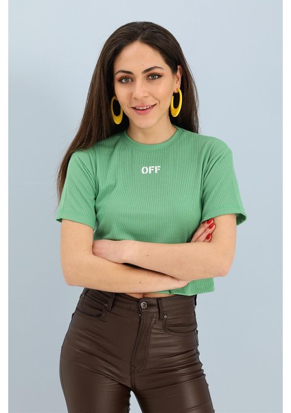 Tshirt Crop Bisiklet Yaka Off Yazılı - Yeşil