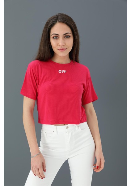 Tshirt Crop Bisiklet Yaka Off Yazılı - Fuşya