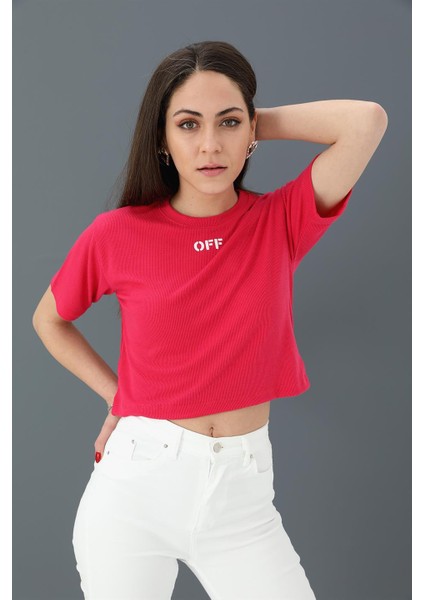 Tshirt Crop Bisiklet Yaka Off Yazılı - Fuşya