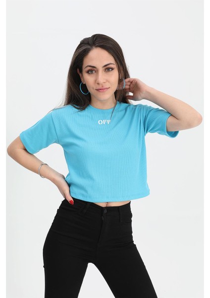 Tshirt Crop Bisiklet Yaka Off Yazılı - Mavi