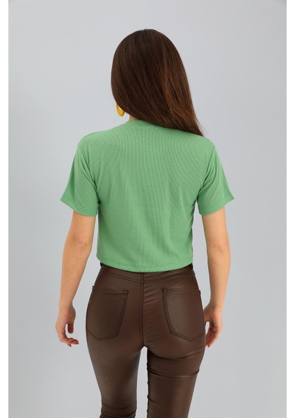 Tshirt Crop Bisiklet Yaka Off Yazılı - Yeşil modelleri