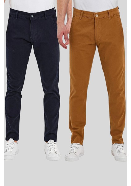 2 Li Standart Kalıp Chino Pantolon Lacivert ve Taba Renkleri Çok Renkli