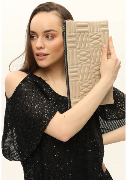 Bej Zikzak Clutch Kadın Portföy Çanta