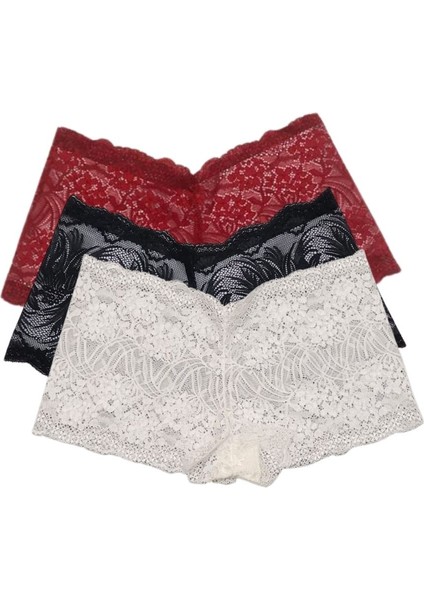 Dantel Brazilian Model 3'lü Siyah-Beyaz-Kırmızı Dantelli Short Külot