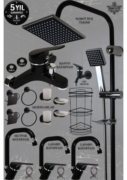 Siyah Banyo Lavabo Mutfak Bataryası Robot Duş Seti Siyah Banyo Aksesuar Seti Armatür Batarya Musluk