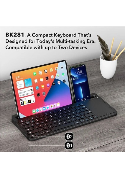 Klavye+Touchpad Siyah Bluetooth Ultra Ince Şarjlı Mac Win Android Ios Uyumlu Tablet Standlı Kablosuz