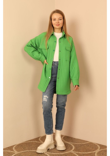 Jakar Kumaş Küçük Kare Desen Oversize Kadın Gömlek-Yeşil fırsatları
