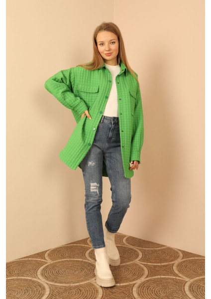 Jakar Kumaş Küçük Kare Desen Oversize Kadın Gömlek-Yeşil indirimleri