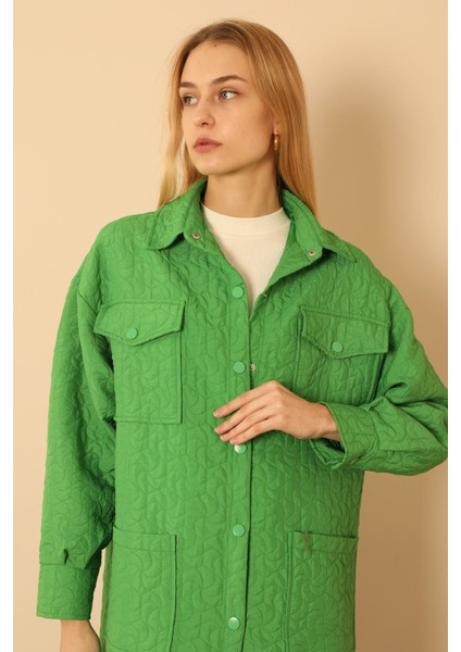 Jakar Kumaş Geometrik Desen Uzun Kadın Oversize Gömlek-Yeşil modelleri