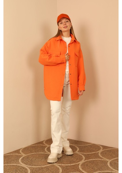Jakar Kumaş Küçük Kare Desen Oversize Kadın Gömlek-Oranj fiyatları