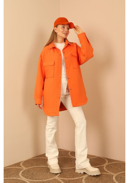 Jakar Kumaş Küçük Kare Desen Oversize Kadın Gömlek-Oranj fırsatları