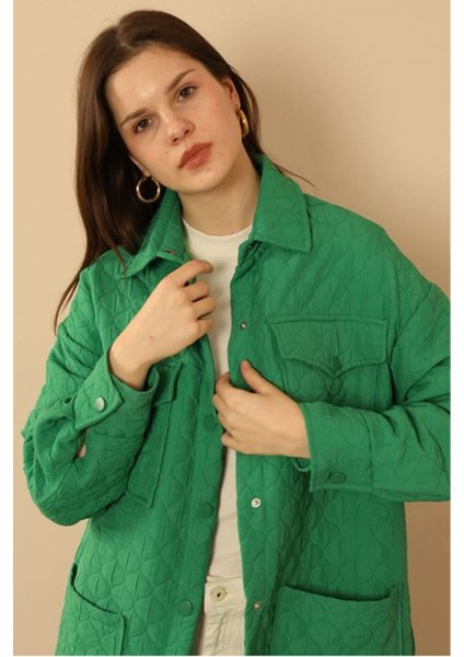 Jakar Kumaş Soğan Desen Oversize Kadın Uzun Gömlek-Yeşil