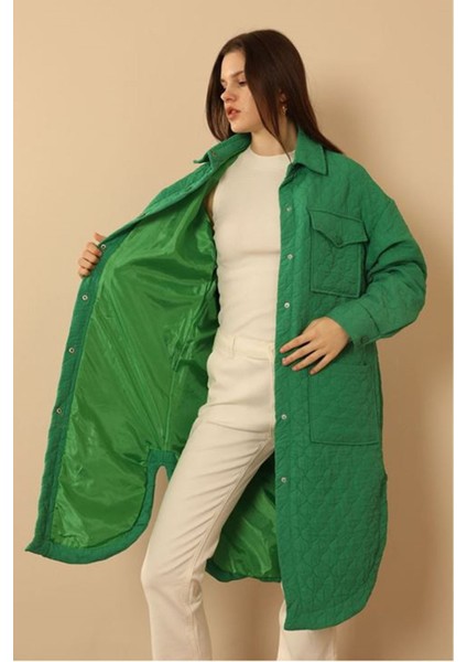 Jakar Kumaş Soğan Desen Oversize Kadın Uzun Gömlek-Yeşil modelleri