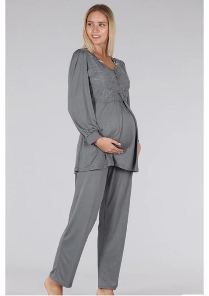 5306 Gri V Yaka Dantelli Lohusa Pijama Tk