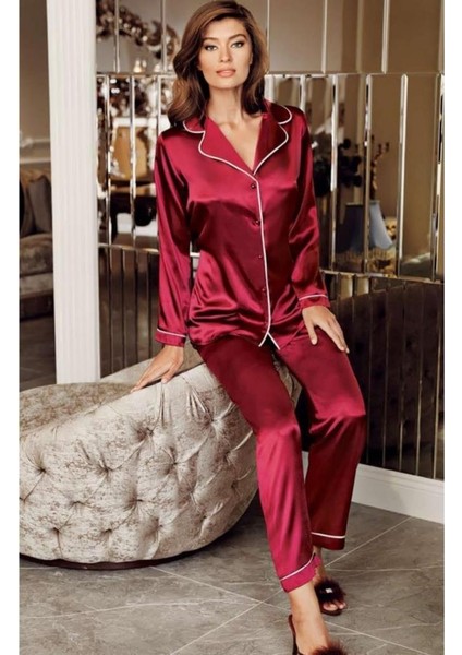 PERIN1030 Bordo Saten Yakalı Pijama Takımı