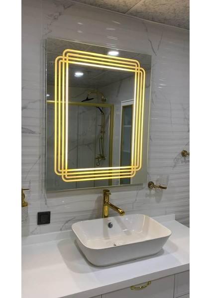 Yapı Ledli Kumlamalı Kare Banyo Aynası Tuvalet Aynası Dokunmatik