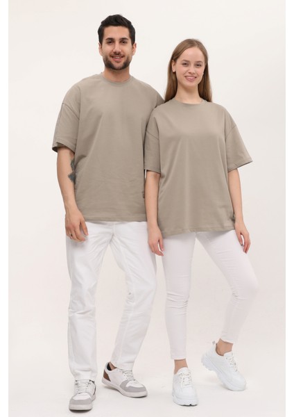 Kadın Erkek Açık Kahverengi Oversize Bol Kalıp Basic T-Shirt