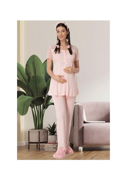 5422 Pudra Dantel Detaylı Hamile Lohusa Pijama Tk