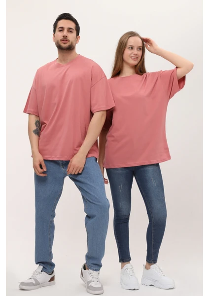 Kadın Erkek Gül Kurusu Pembe Oversize Bol Kalıp Basic T-Shirt